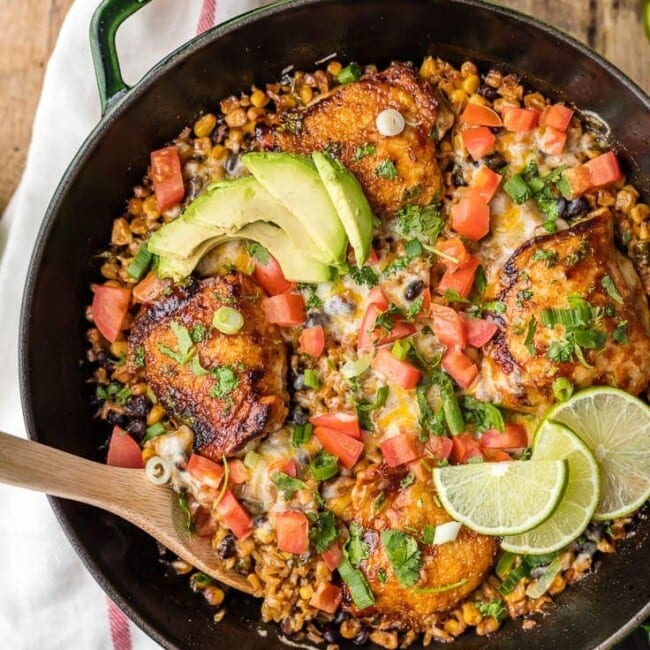 a skillet with bbq ranch chicken