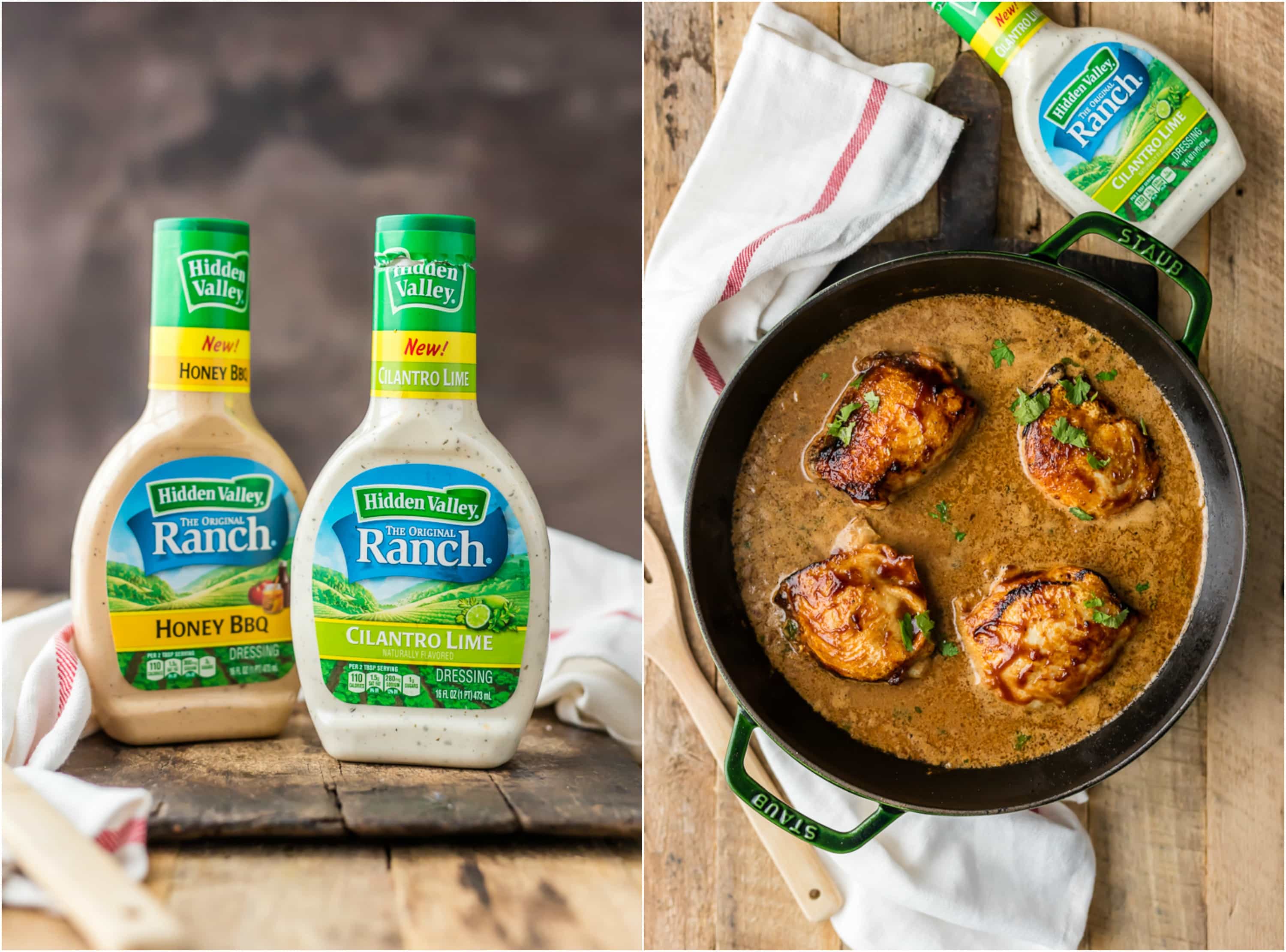 bottles of ranch and chicken in a skillet