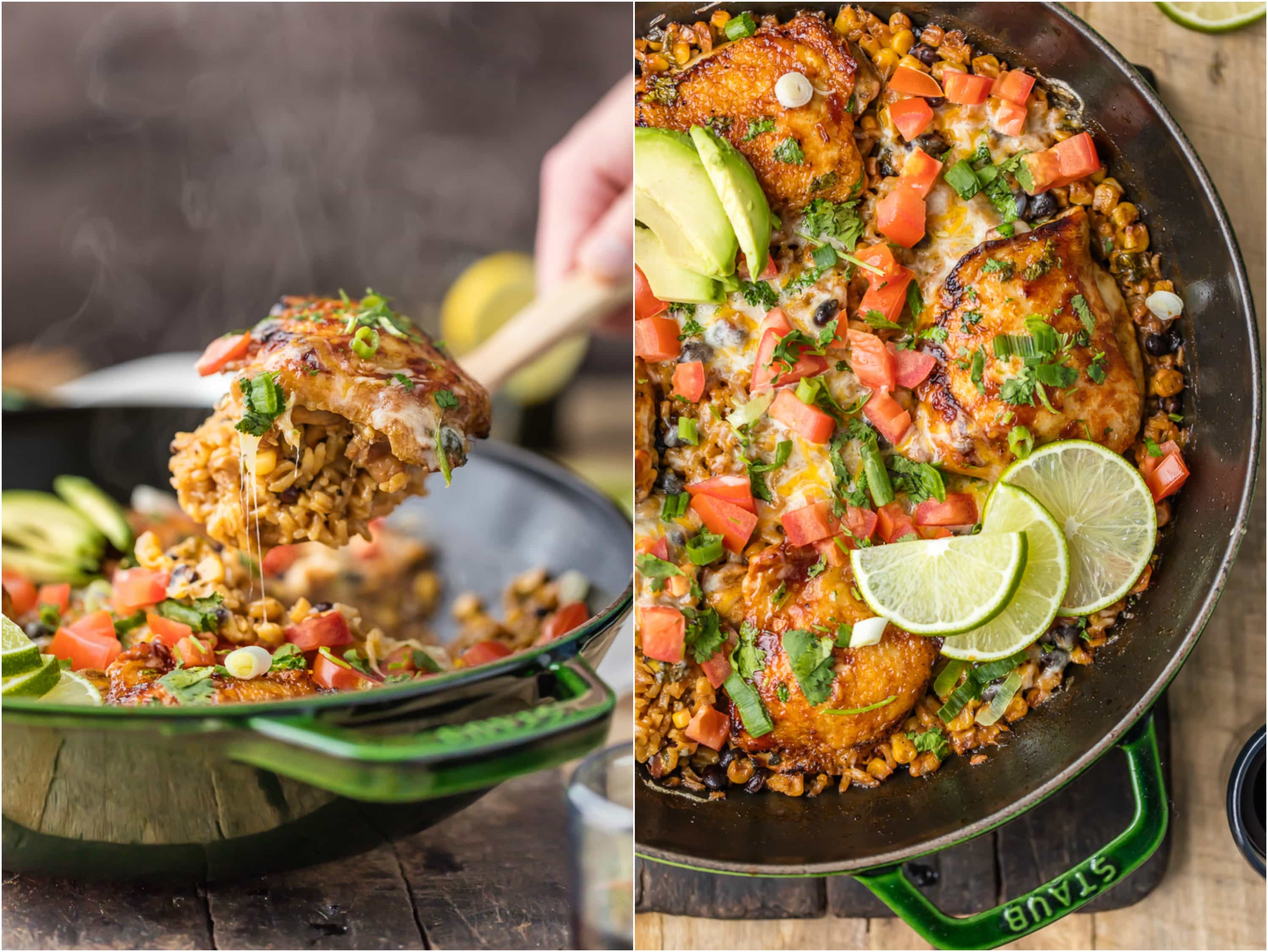 photo collage of chicken and rice in a skillet