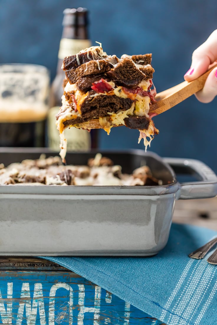 Reuben Casserole is a must make every St. Patrick's Day! Such an easy comfort food recipe, loaded with corned beef, rye bread, sauerkraut, Swiss cheese, and so much more. I love the flavor combination and love how simple it is to throw together in a pinch. ALL THAT CHEESE ON TOP! Gimme. 
