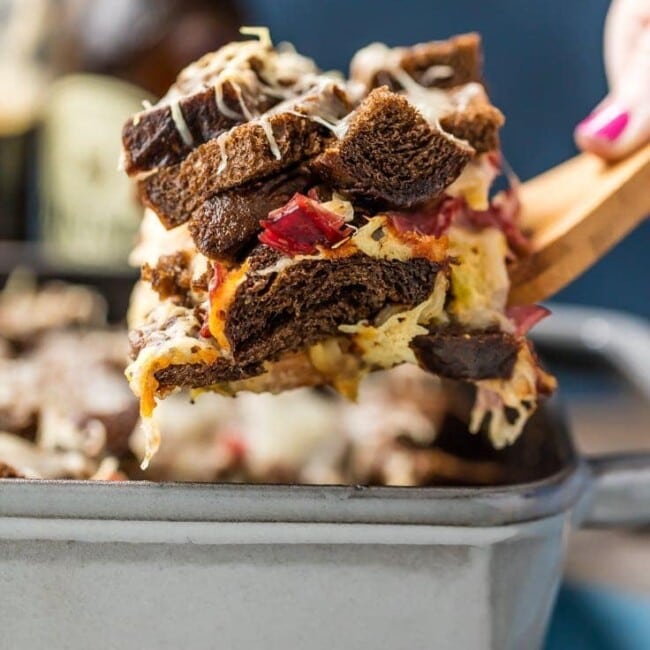Reuben Casserole is a must make every St. Patrick's Day! Such an easy comfort food recipe, loaded with corned beef, rye bread, sauerkraut, Swiss cheese, and so much more. I love the flavor combination and love how simple it is to throw together in a pinch. ALL THAT CHEESE ON TOP! Gimme. 
