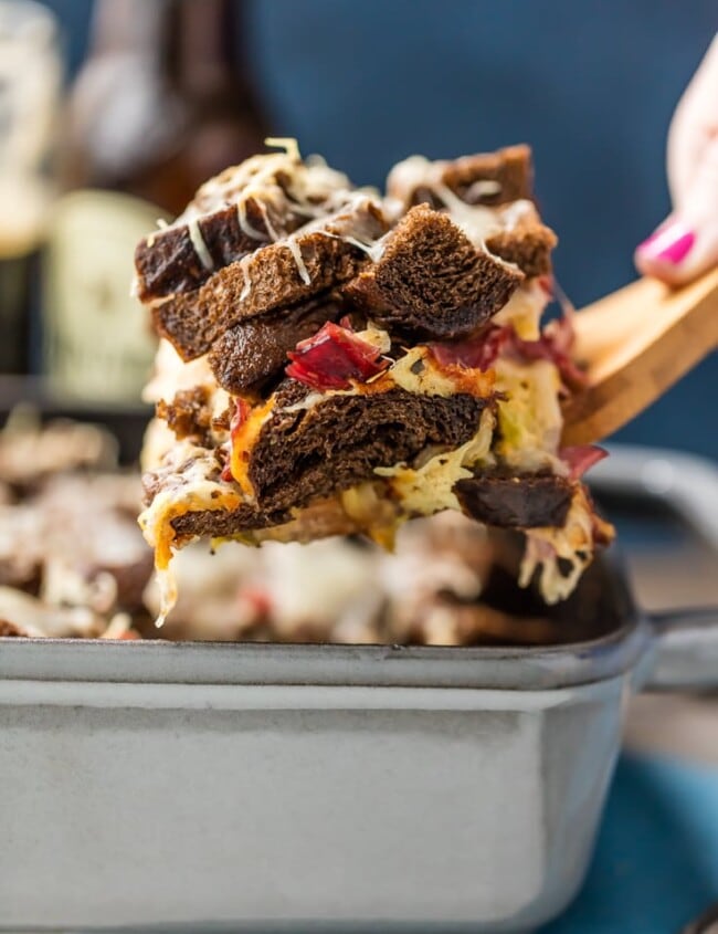 Reuben Casserole is a must make every St. Patrick's Day! Such an easy comfort food recipe, loaded with corned beef, rye bread, sauerkraut, Swiss cheese, and so much more. I love the flavor combination and love how simple it is to throw together in a pinch. ALL THAT CHEESE ON TOP! Gimme. 