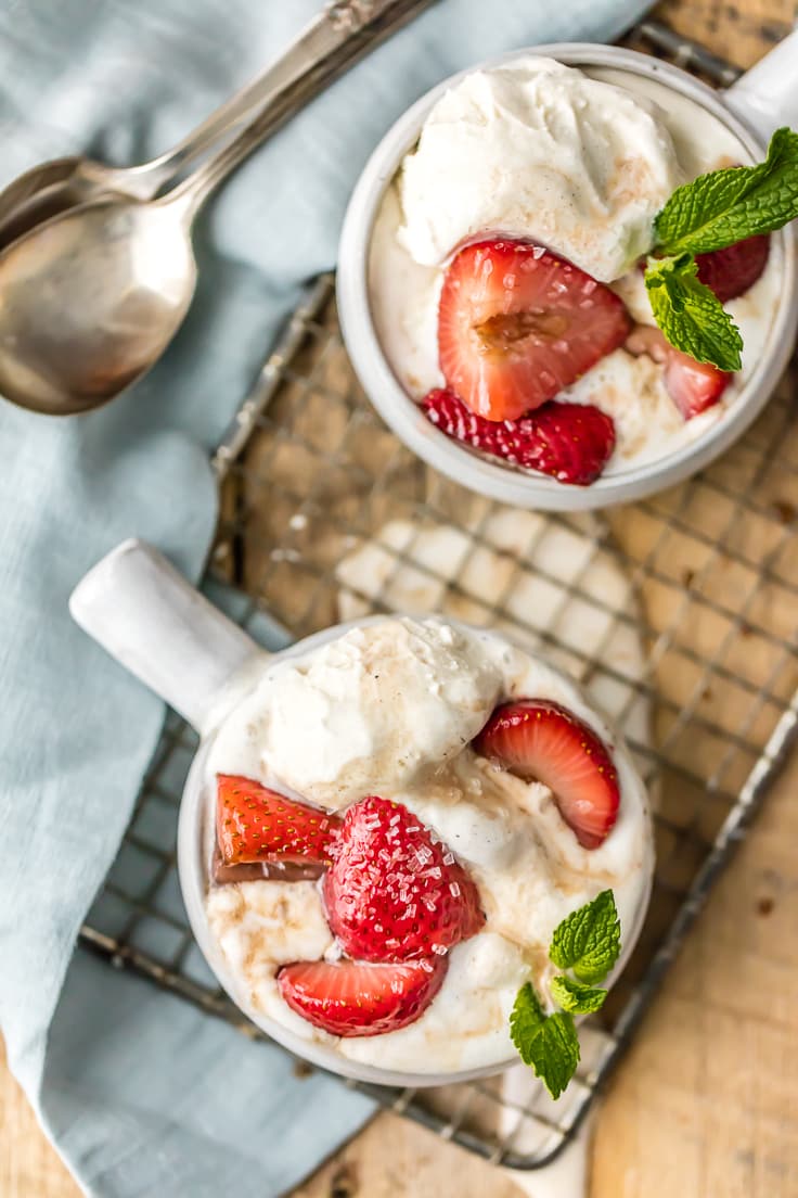 top view of ice cream and strawberries foster