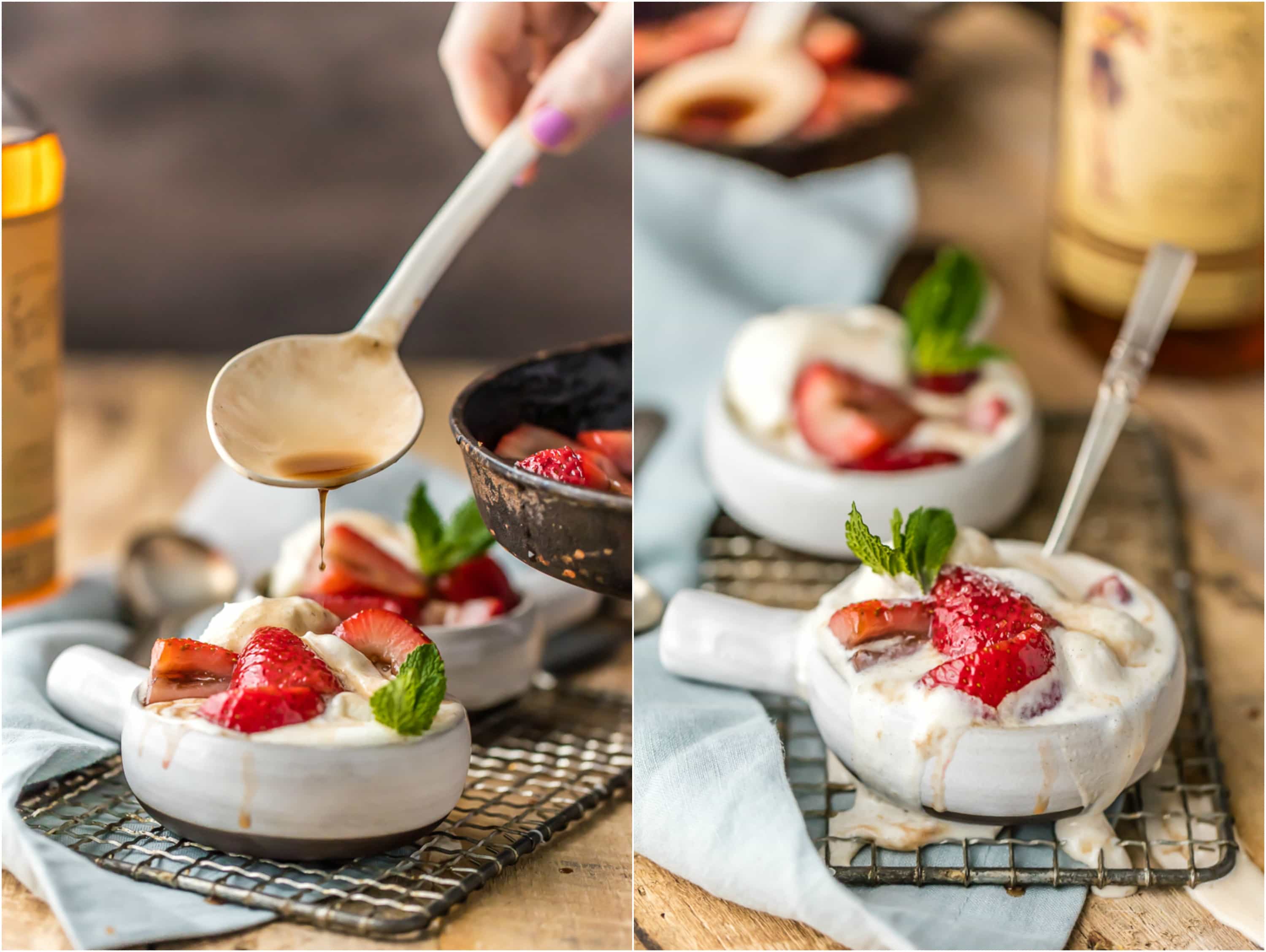 strawberries foster juice poured on ice cream