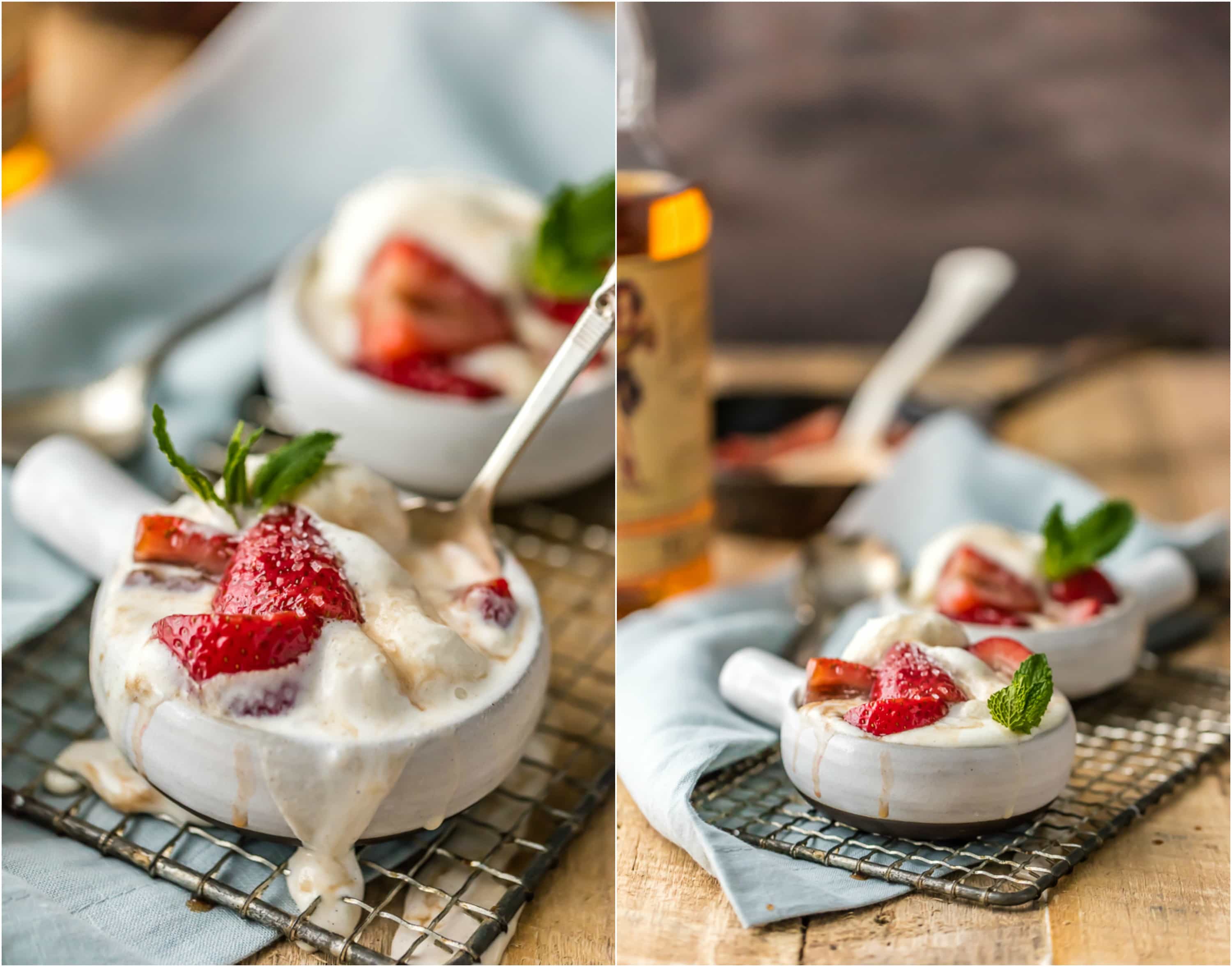 Strawberries foster and vanilla ice cream in bowl with spoon