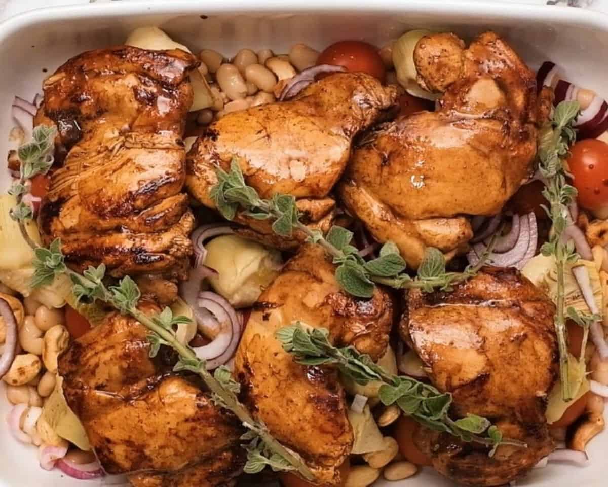Fresh oregano sprigs layered over the chicken.