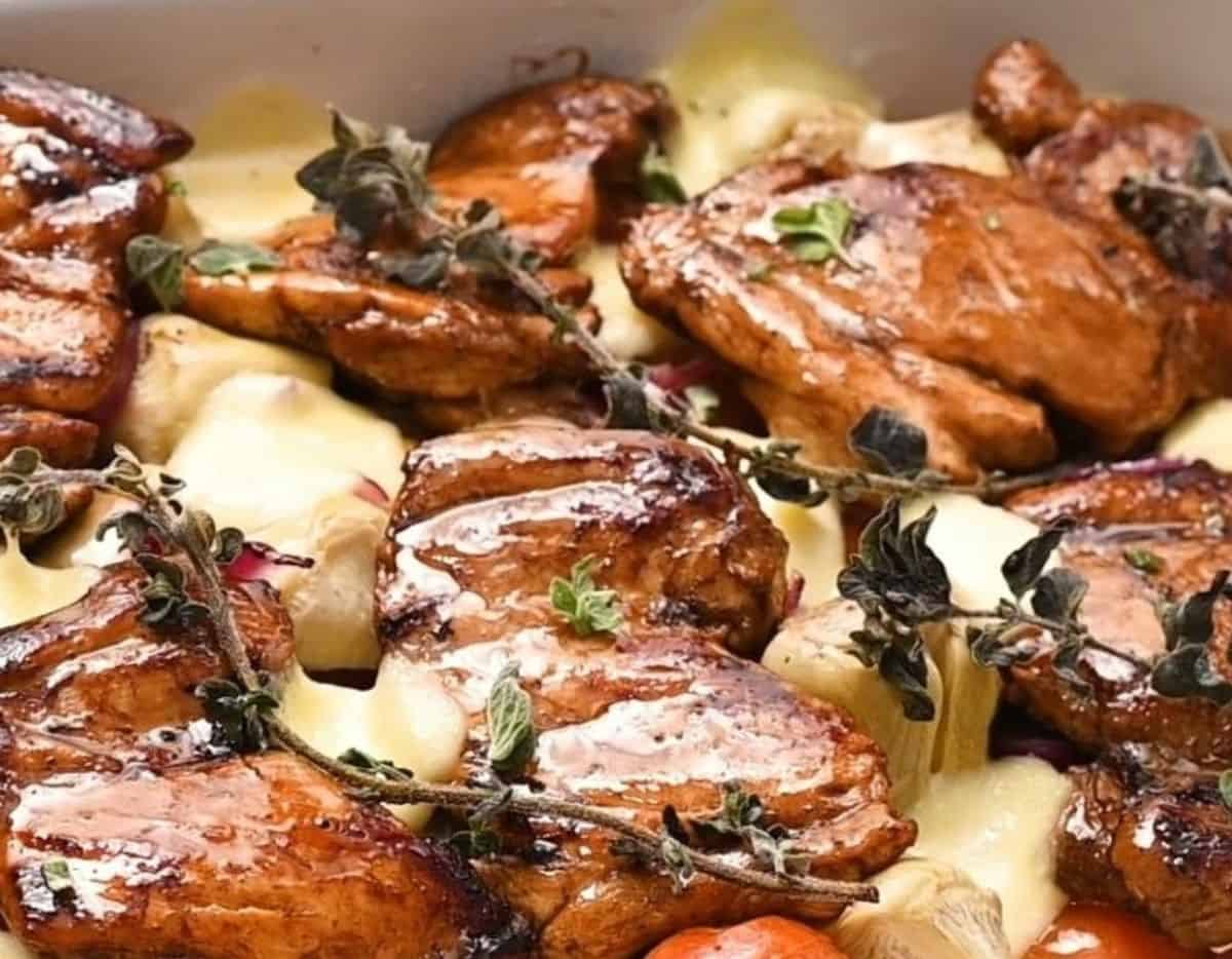 Melted cheese over the chicken casserole bake.
