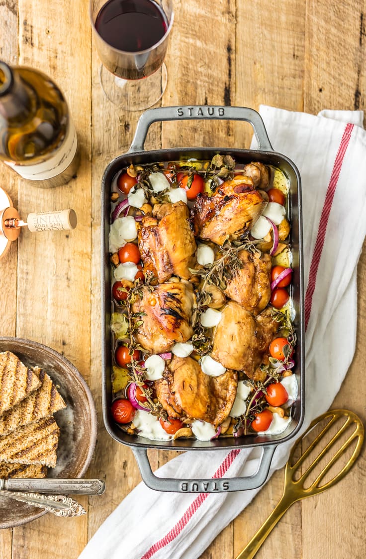 balsamic glazed chicken and veggies in a casserole dish