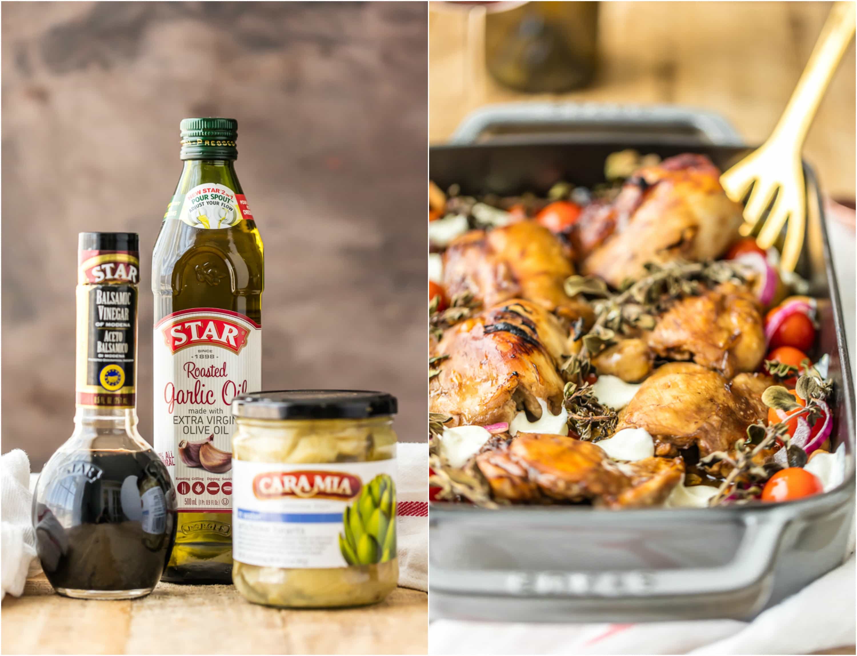 photo collage - Balsamic Glazed Mediterranean Chicken Bake and Star brand balsamic vinegar and olive oil