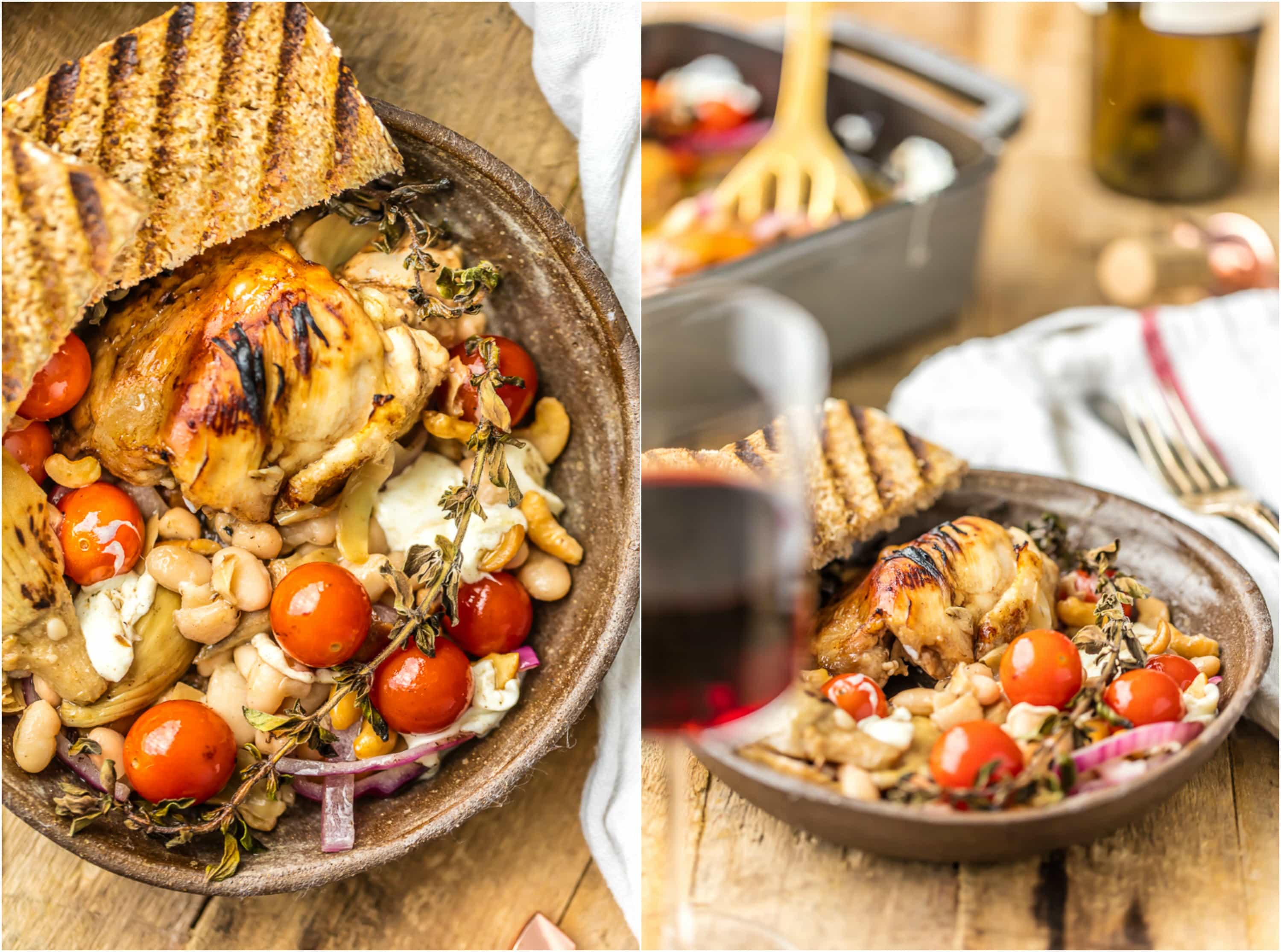 balsamic glazed Mediterranean baked chicken on a plate with grilled garlic toast