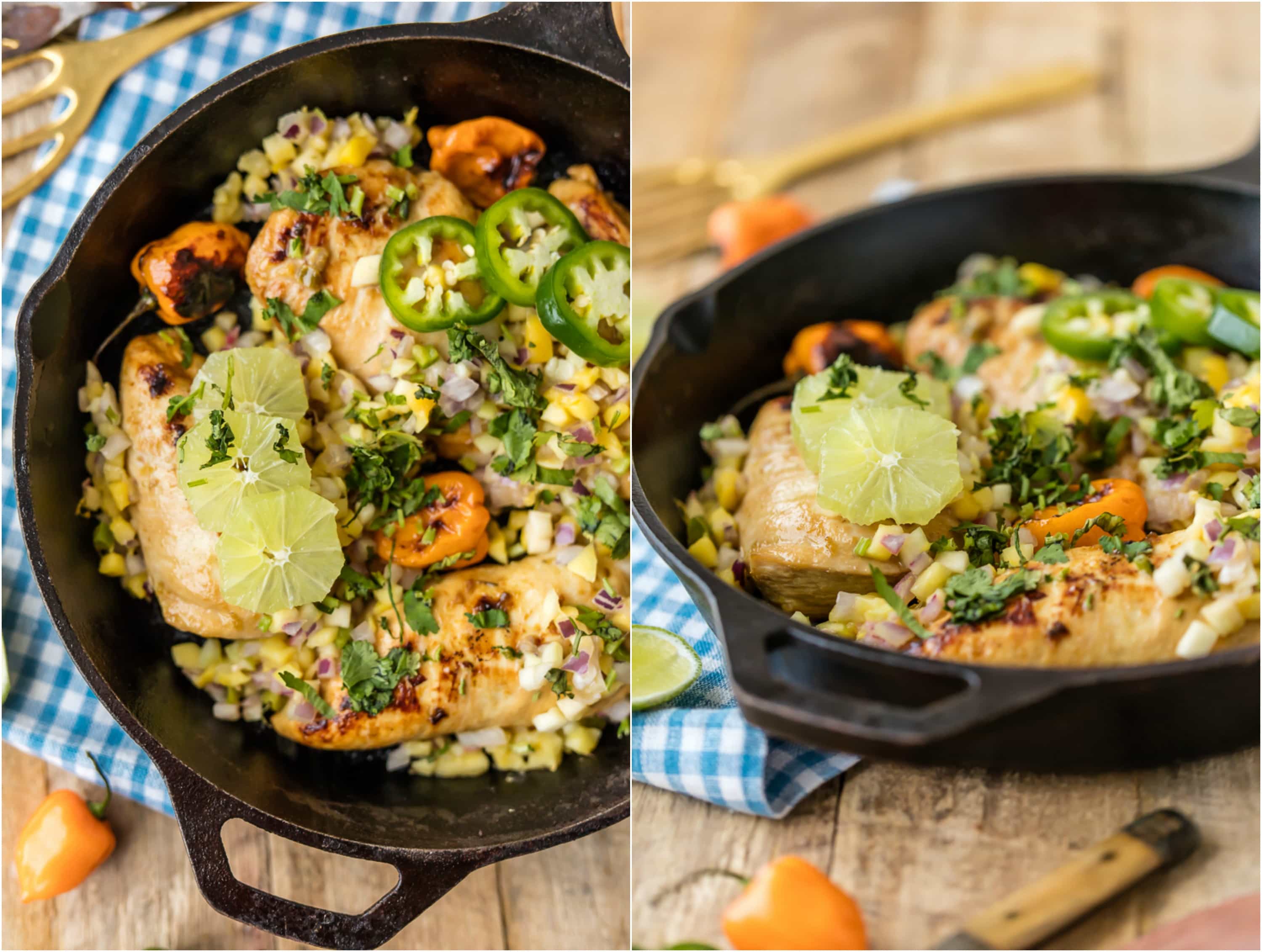 Make this SKINNY ONE PAN CARIBBEAN JERK CHICKEN SKILLET in just 15 minutes! Topped with mango salsa for a cool kick. A delicious and easy weeknight meal!