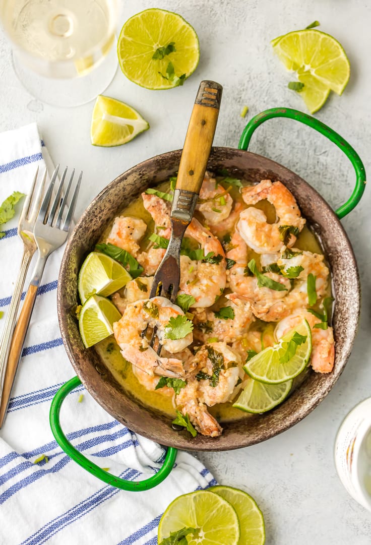 tablescape with a plate of shrimp scampi