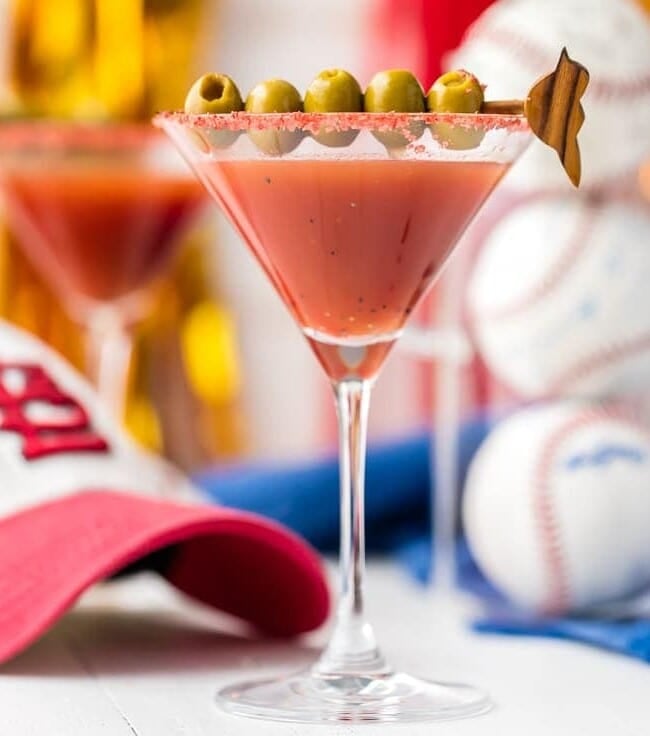 Enjoy a Dirty Redbird Martini (Cardinals Cocktail), a drink perfect for supporting the St. Louis Cardinals! Dirty Martini crossed with Bloody Mary, what could be better?