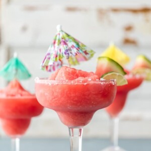 frozen watermelon margaritas with mini umbrellas