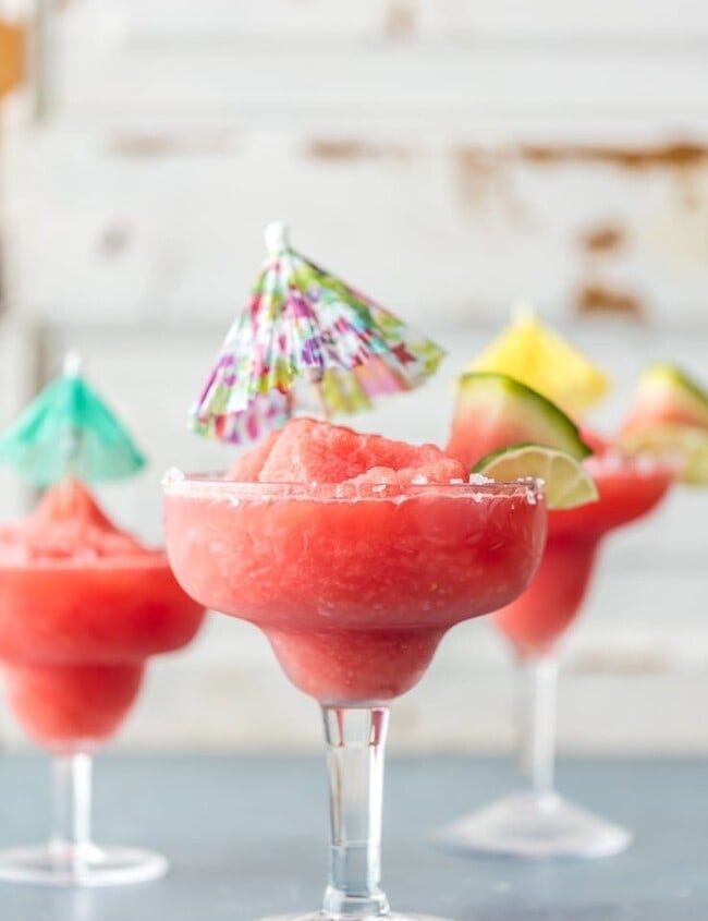 frozen watermelon margaritas with mini umbrellas