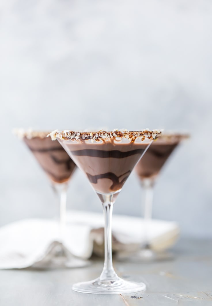 3 cocktail glasses full of German Chocolate Cake Martinis