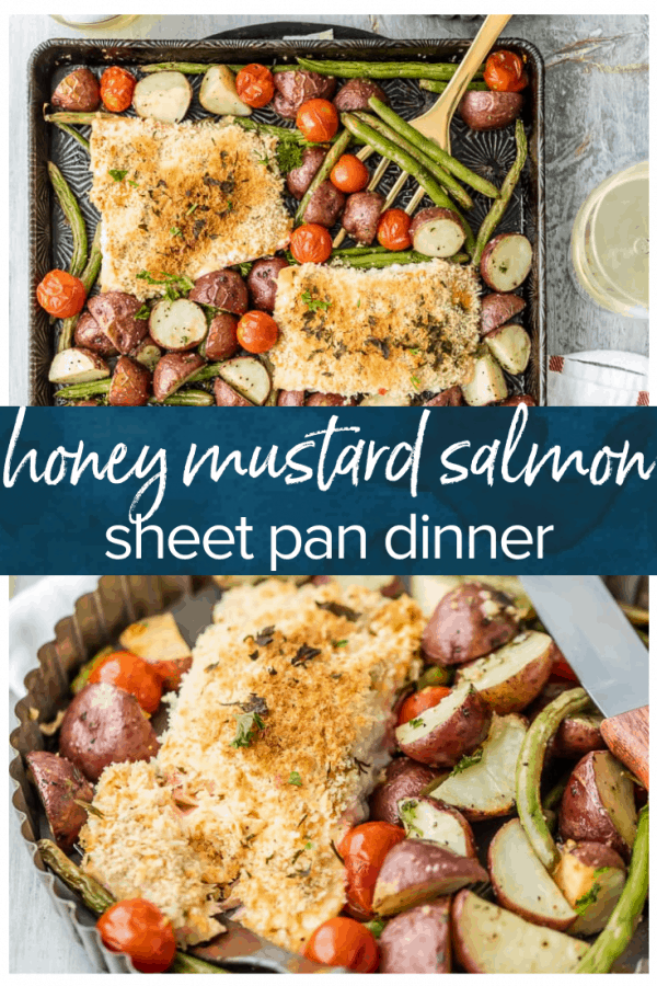 Honey Mustard Salmon and Potatoes is the perfect one pan dinner recipe! This healthy crusted salmon recipe with potatoes, green beans, and tomatoes makes an easy sheet pan dinner for any night of the week. It's made in under 30 minutes, healthy, and full of flavor! #thecookierookie #salmon #dinner #sheetpanrecipe #healthyrecipes