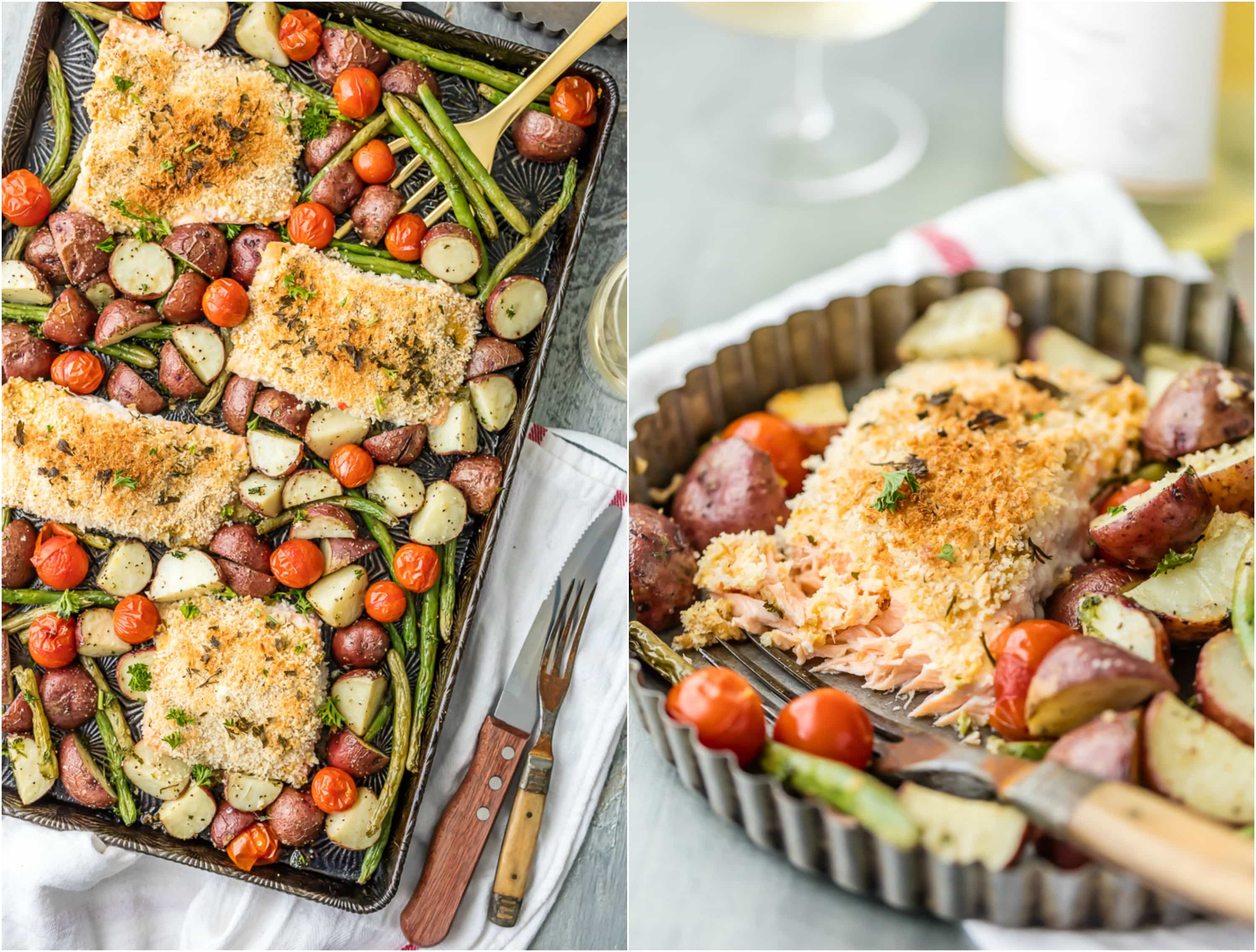 Sheet Pan Honey Mustard Crusted Salmon is the perfect healthy one pan meal! Made in under 30 minutes, skinny, and full of flavor. Oven baked salmon on a baking sheet with potatoes, tomatoes, and green beans!