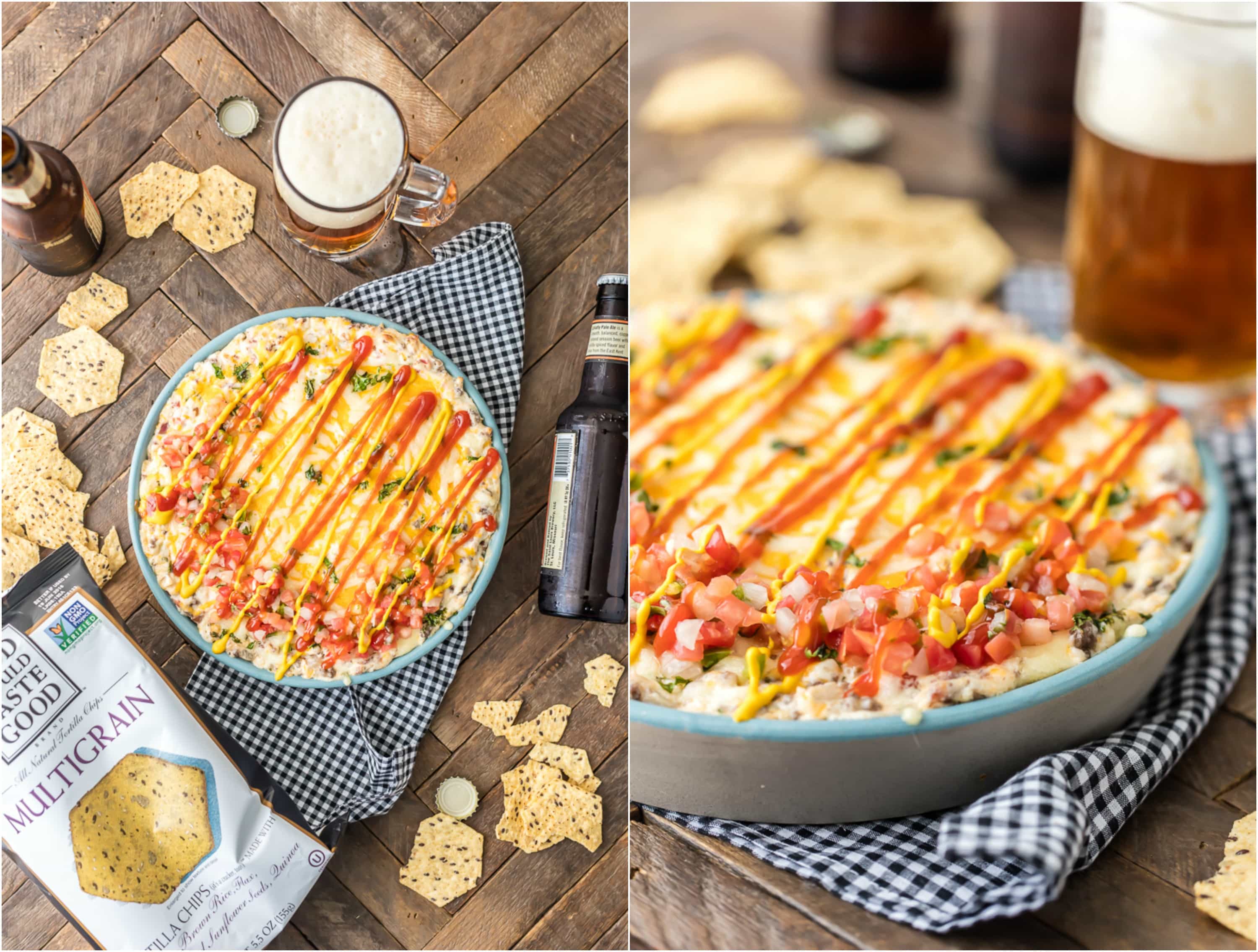 Cheeseburger Dip is the best dip recipe to celebrate Memorial Day and the Fourth of July! This bacon cheeseburger dip is loaded with bacon, Swiss, cheddar, hamburger, and everything else that makes cheeseburgers one of America's favorite foods! A bunch of food sitting on a table, with Cheeseburger and Bacon