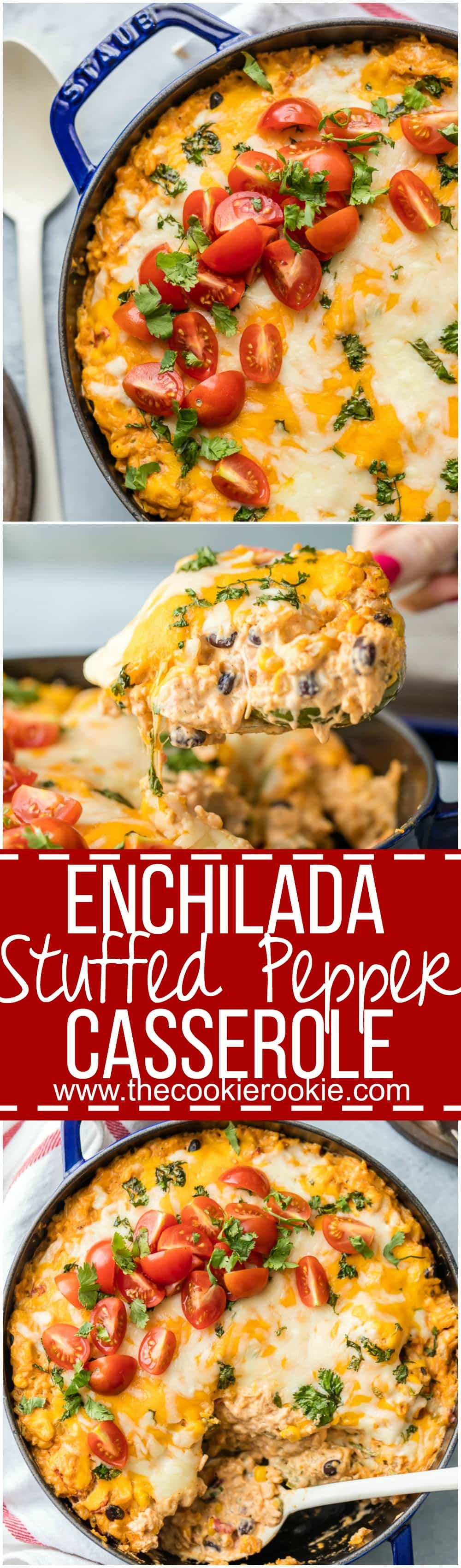 You family will love this ENCHILADA STUFFED PEPPER CASSEROLE, an easy weeknight meal so delicious and full of flavor! Customize with your favorite ingredients to make it your own. AMAZING!