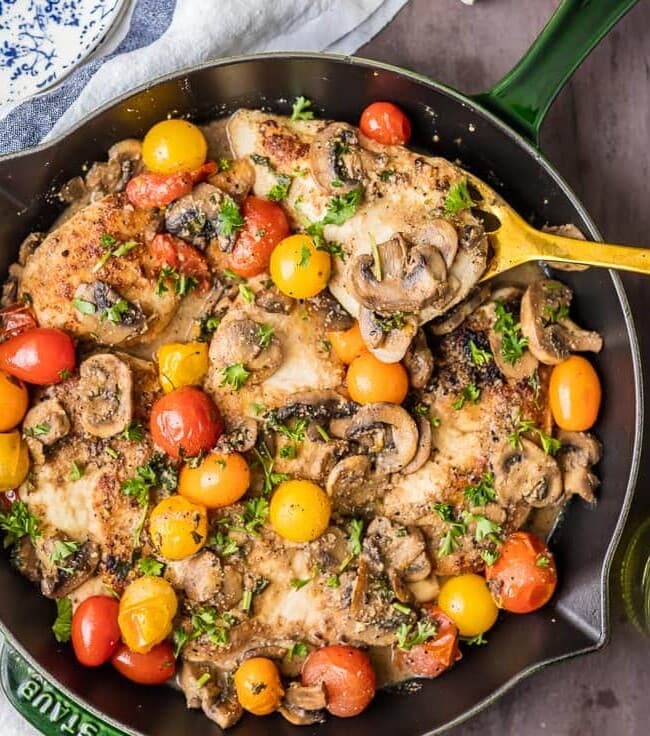 GLUTEN FREE CHICKEN MARSALA is easy, healthy, and delicious! This one pot skillet skinny Chicken Marsala is made with almond meal and no cream. It's the perfect family meal you can feel good about!