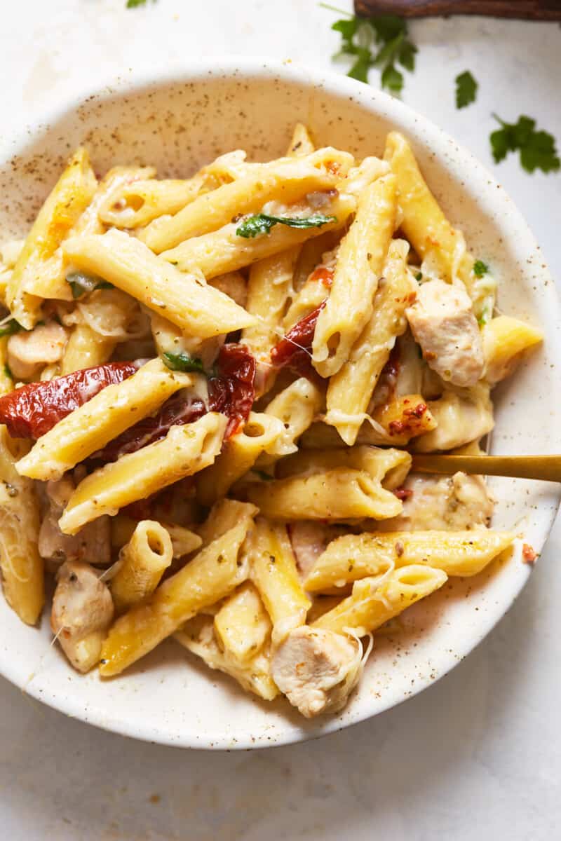 bowl of chicken alfredo with sun dried tomatoes