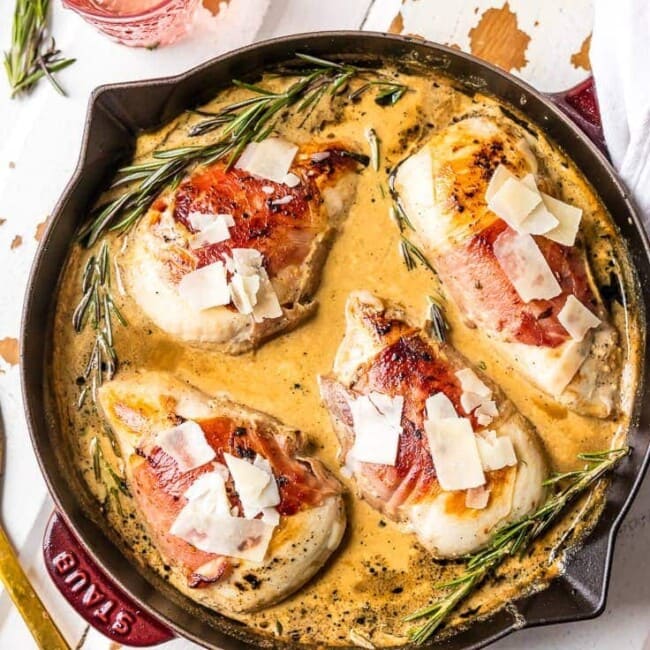 PROSCUITTO WRAPPED SHERRY CREAM CHICKEN SKILLET is our favorite EASY and quick dinner! So much flavor and made in under 30 minutes! The cream sauce...I can't get enough!