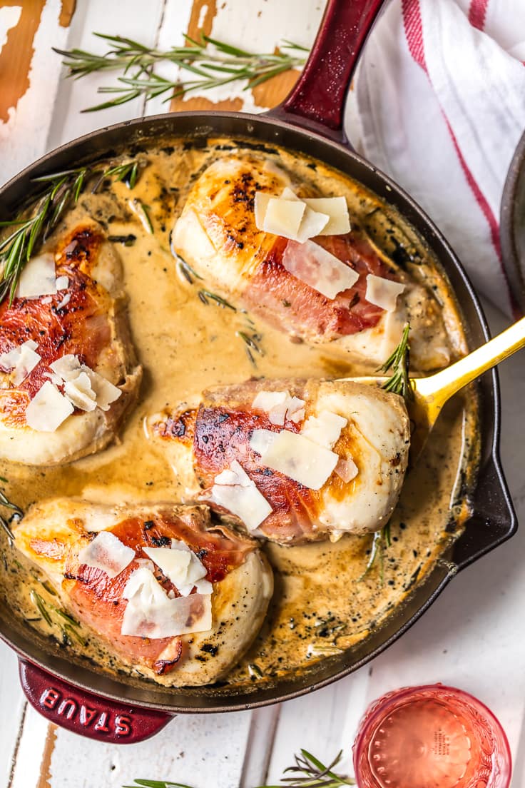 creamy sherry sauce with chicken wrapped in prosciutto