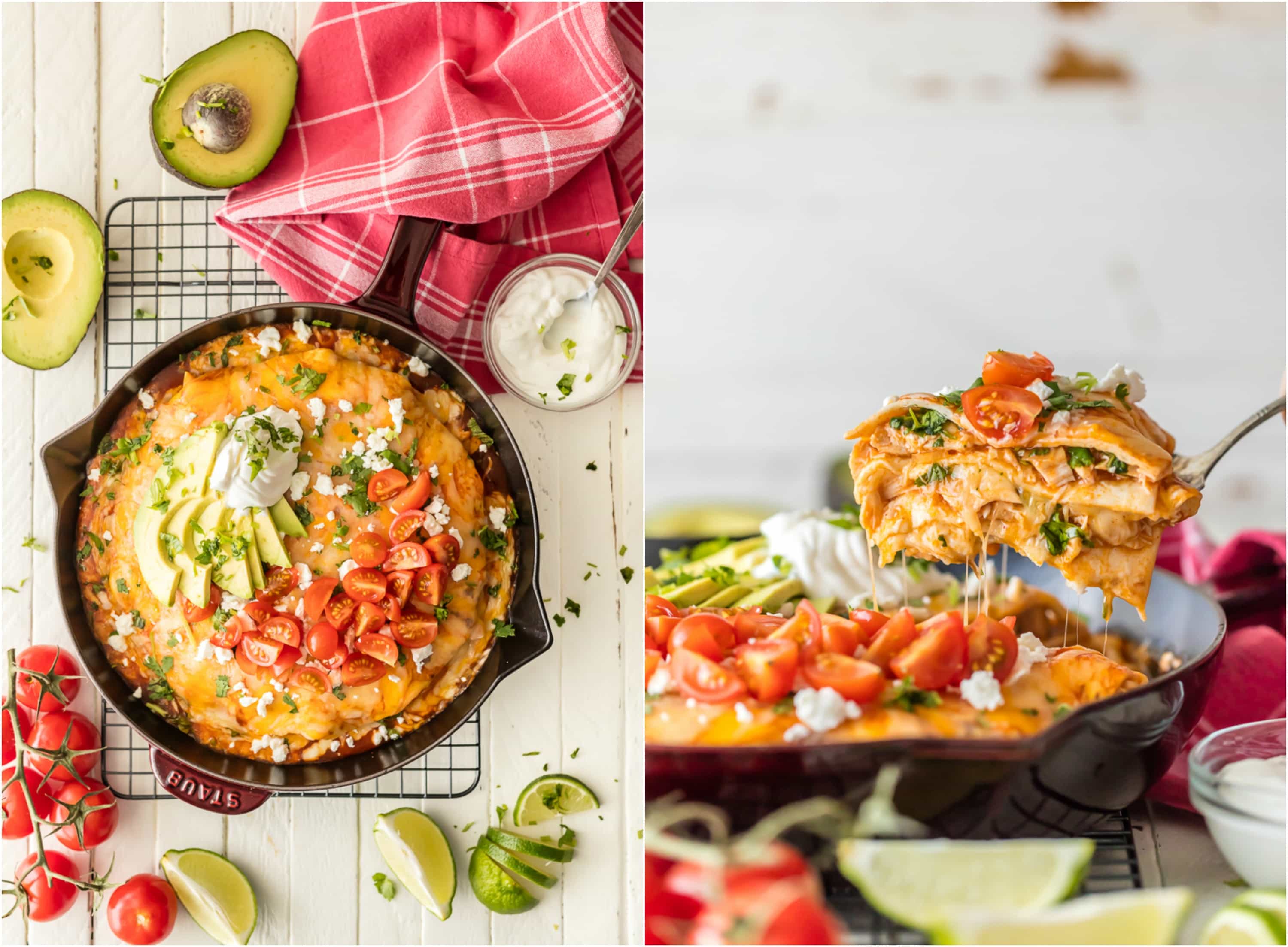 EASY DINNER ALERT! Chicken Enchilada Skillet Pie is made in my 25 minutes and will satisfy the entire family. Flour tortillas layered with spicy chicken, enchilada sauce, and lots of cheese. Easy and delicious dinner perfect for busy nights.