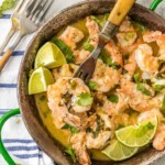 cilantro lime shrimp scampi in a bowl with fork