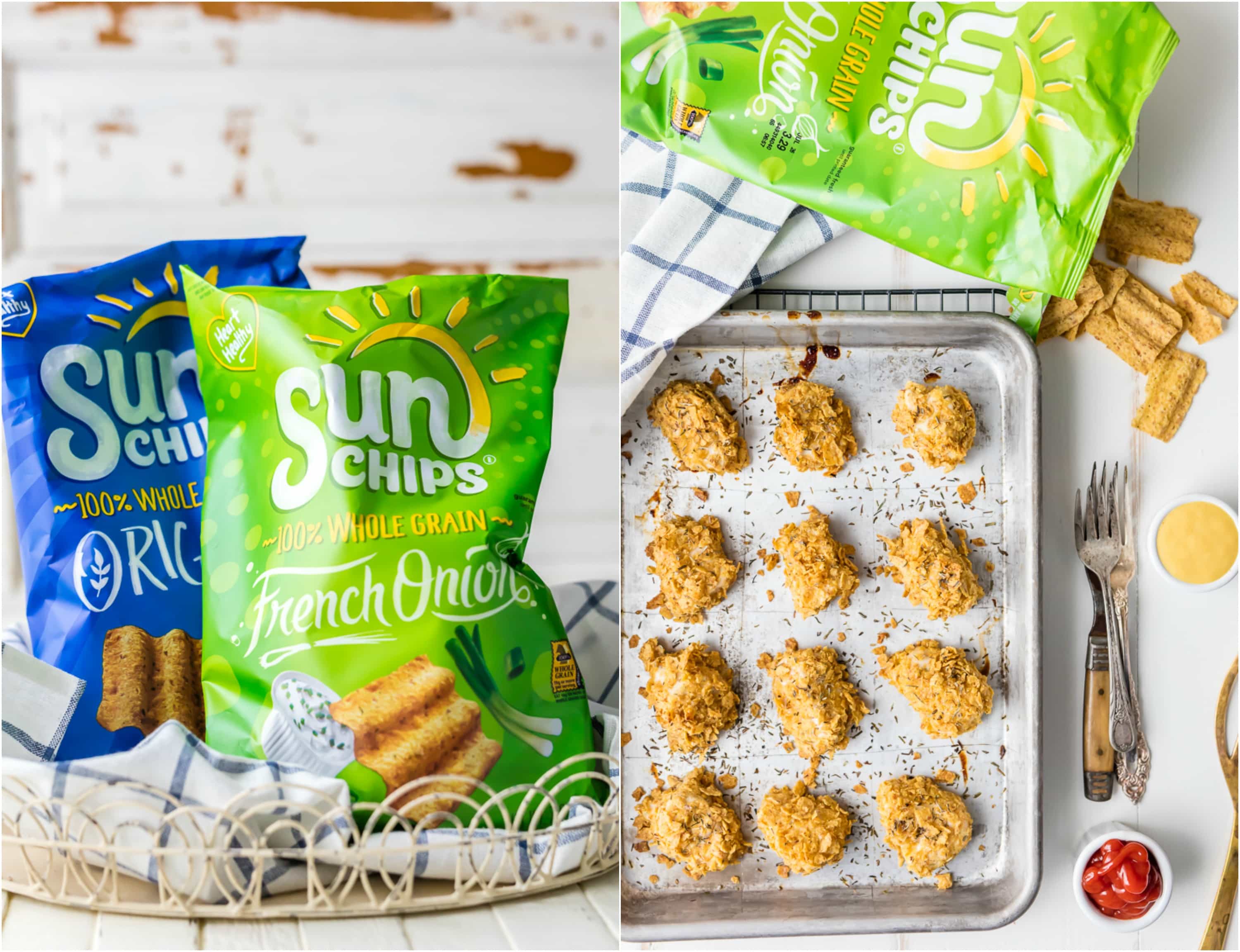 FREEZER FRIENDLY FRENCH ONION CHICKEN NUGGETS! Baked in the oven to make skinny chicken nuggets, crispy from the sunchip coating. BEST EVER! Great for both kids and adults. Make now, freeze, and eat later!