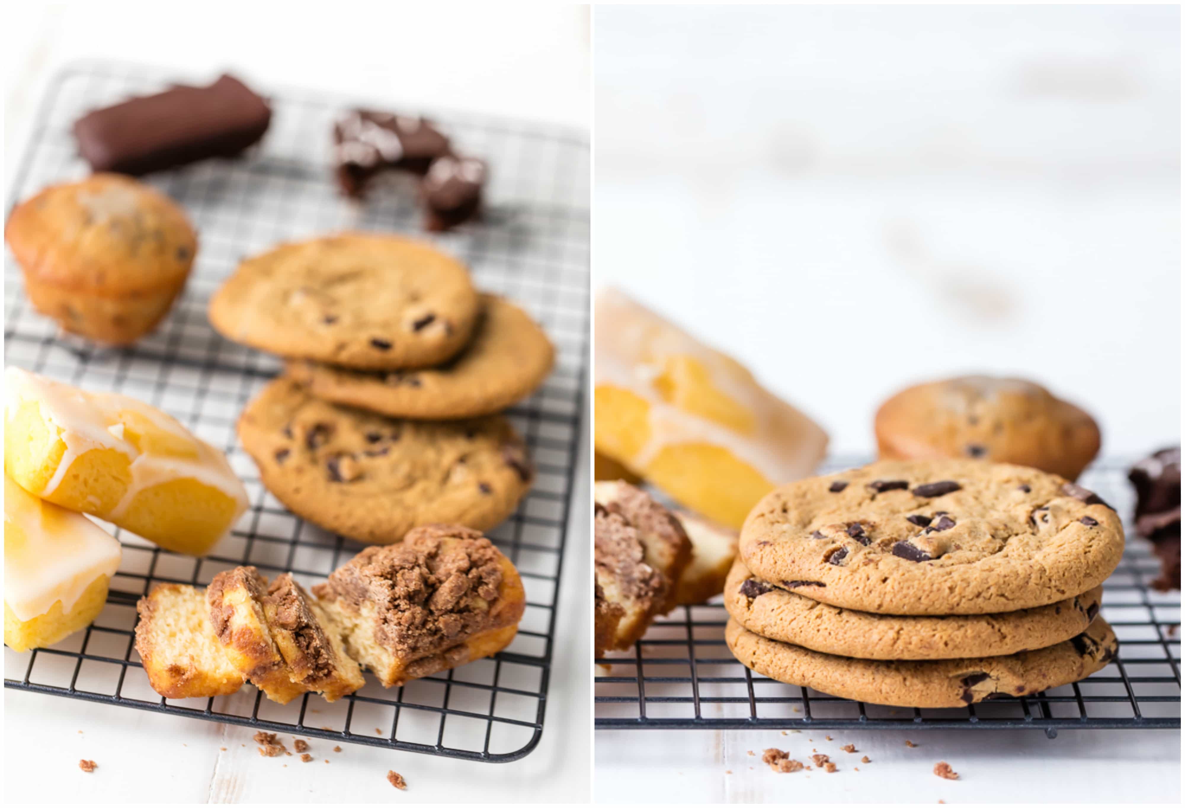 chocolate chip cookies stacked on a cooling rack