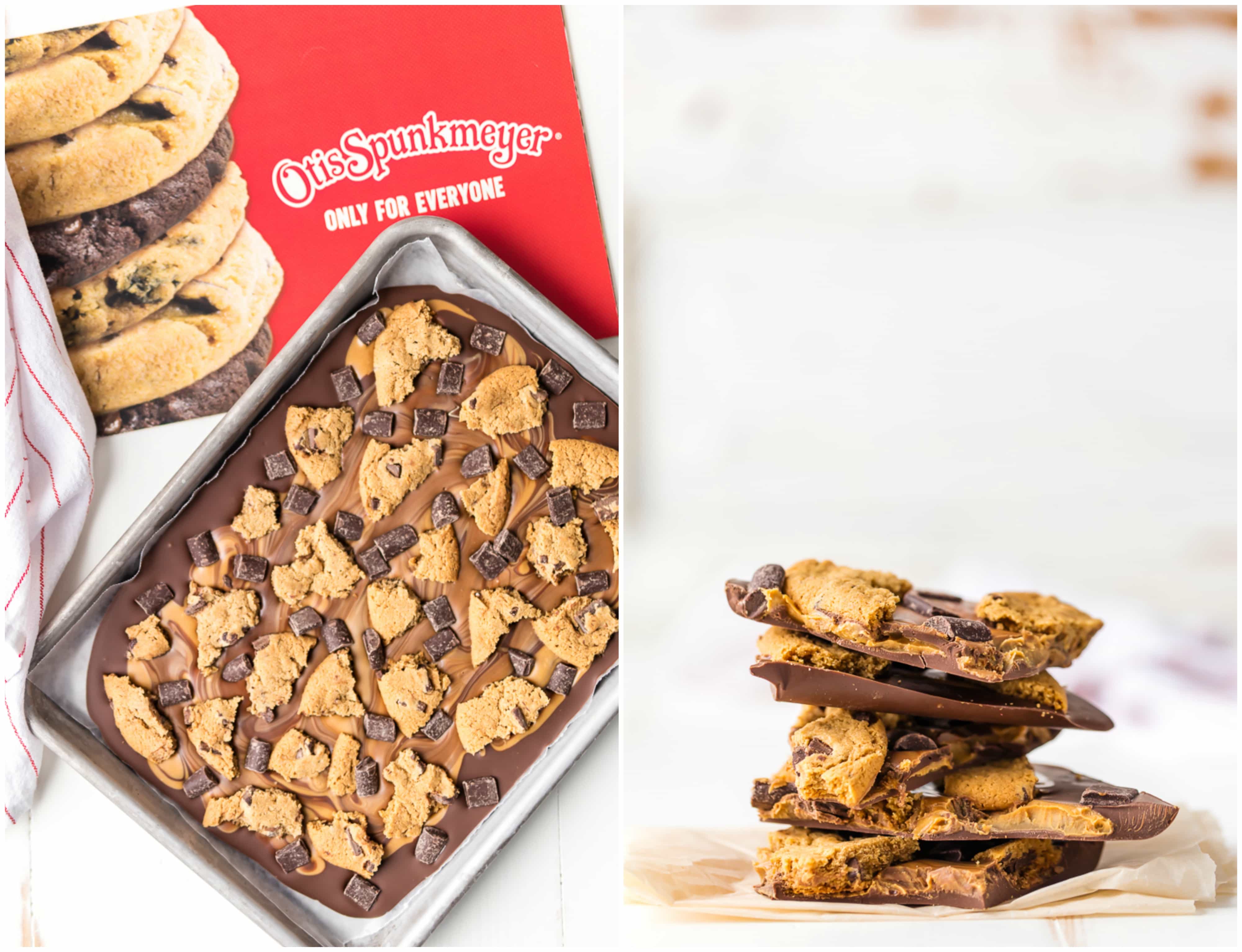 Peanut Butter Chocolate Chip Cookie Bark is the ULTIMATE easy dessert recipe! Only 4 ingredients stand between you and this party favorite. Loaded with peanut butter, milk chocolate, dark chocolate chunks, and chocolate chip cookies! Great last minute sweet treat for tailgating.