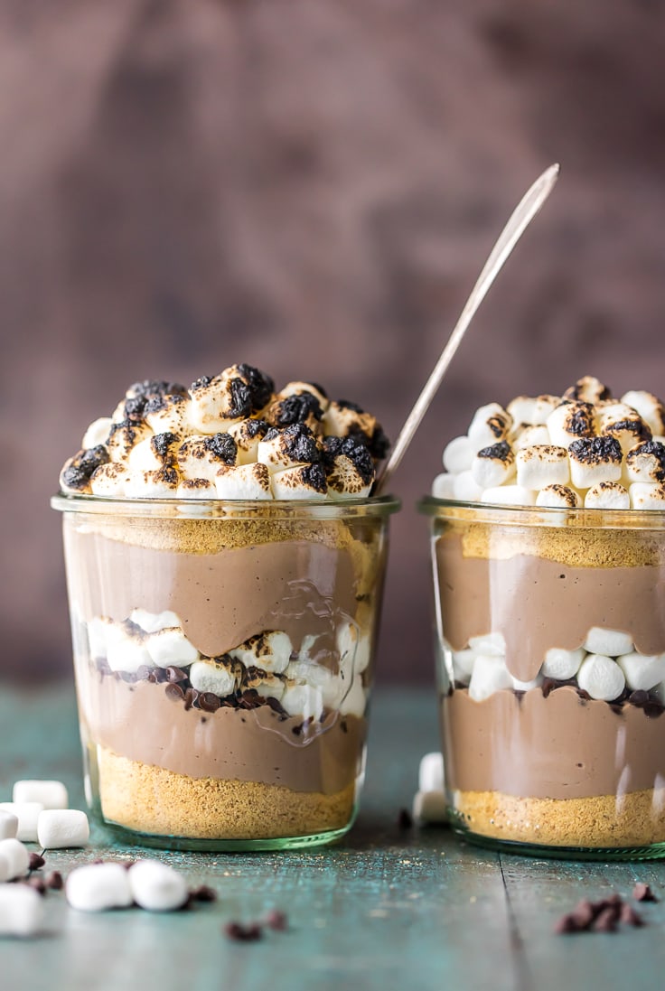 S'mores Yogurt Parfait: Graham cracker crumbs, chocolate protein yogurt, mini chocolate chips, mini marshmallows