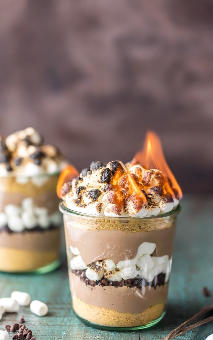 S'mores Breakfast Parfait recipe with flaming toasted marshmallows on top