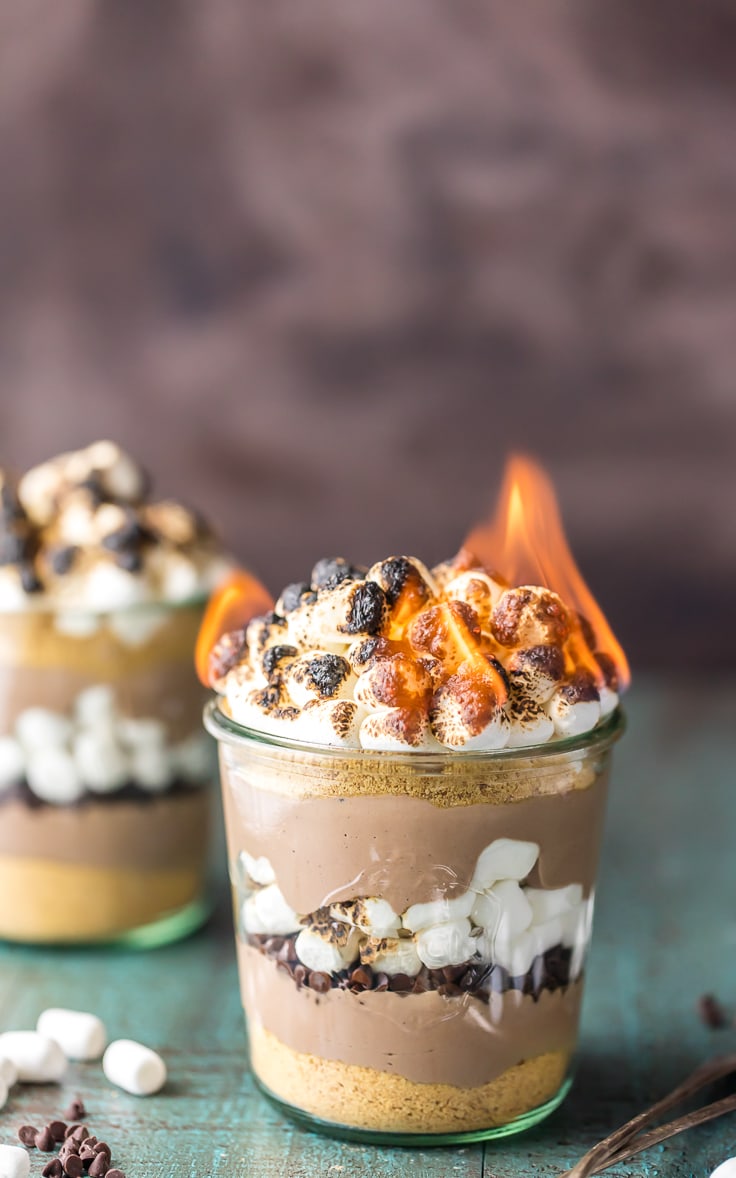 S'mores Breakfast Parfait recipe with flaming toasted marshmallows on top