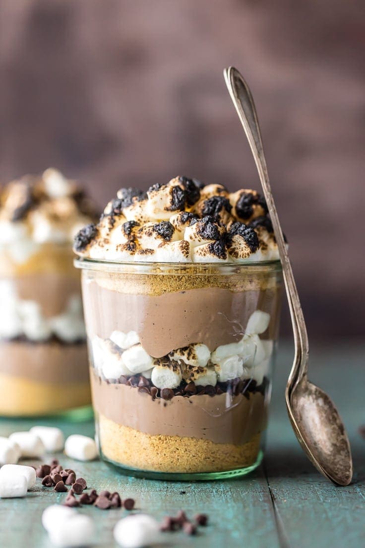 A S'mores Parfait recipe layered with yogurt, chocolate chips, and marshmallows 