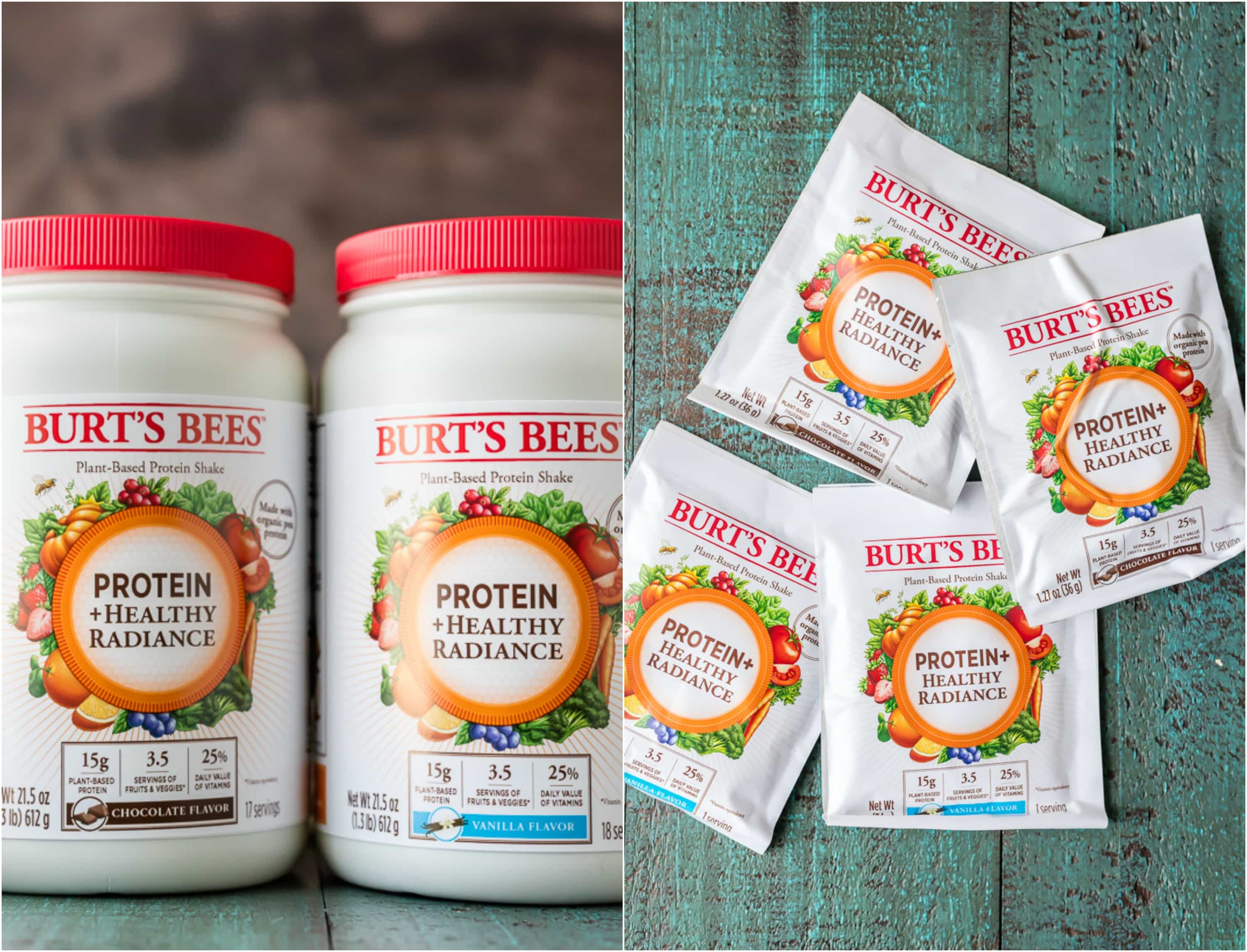 bottles and packets of Burt's Bees protein + healthy radiance powder