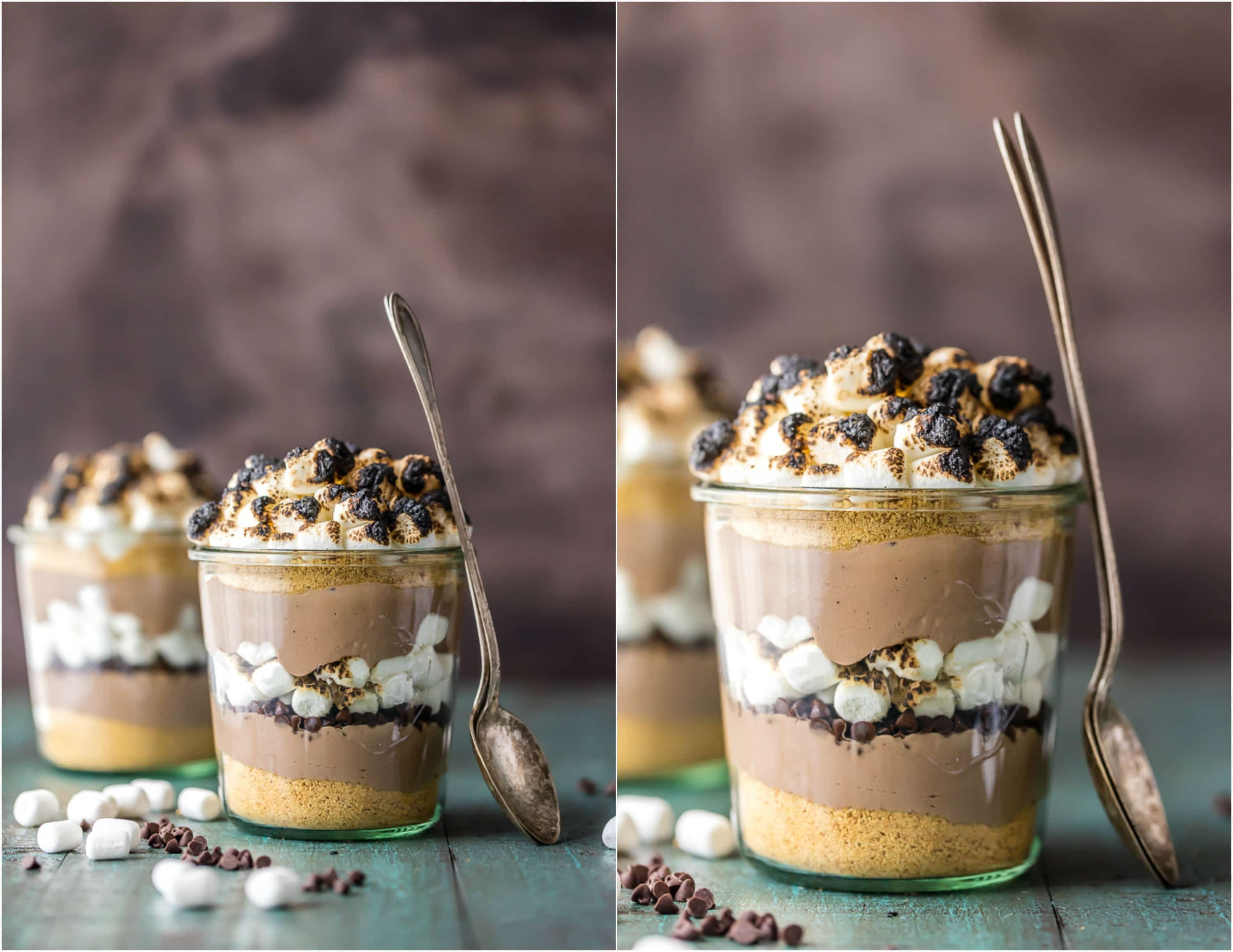 Spoon resting on glasses of smores breakfast parfaits