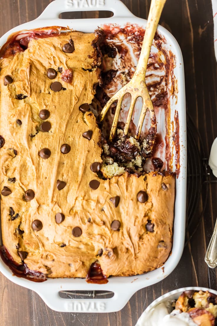 banana split dump cake in a baking dish