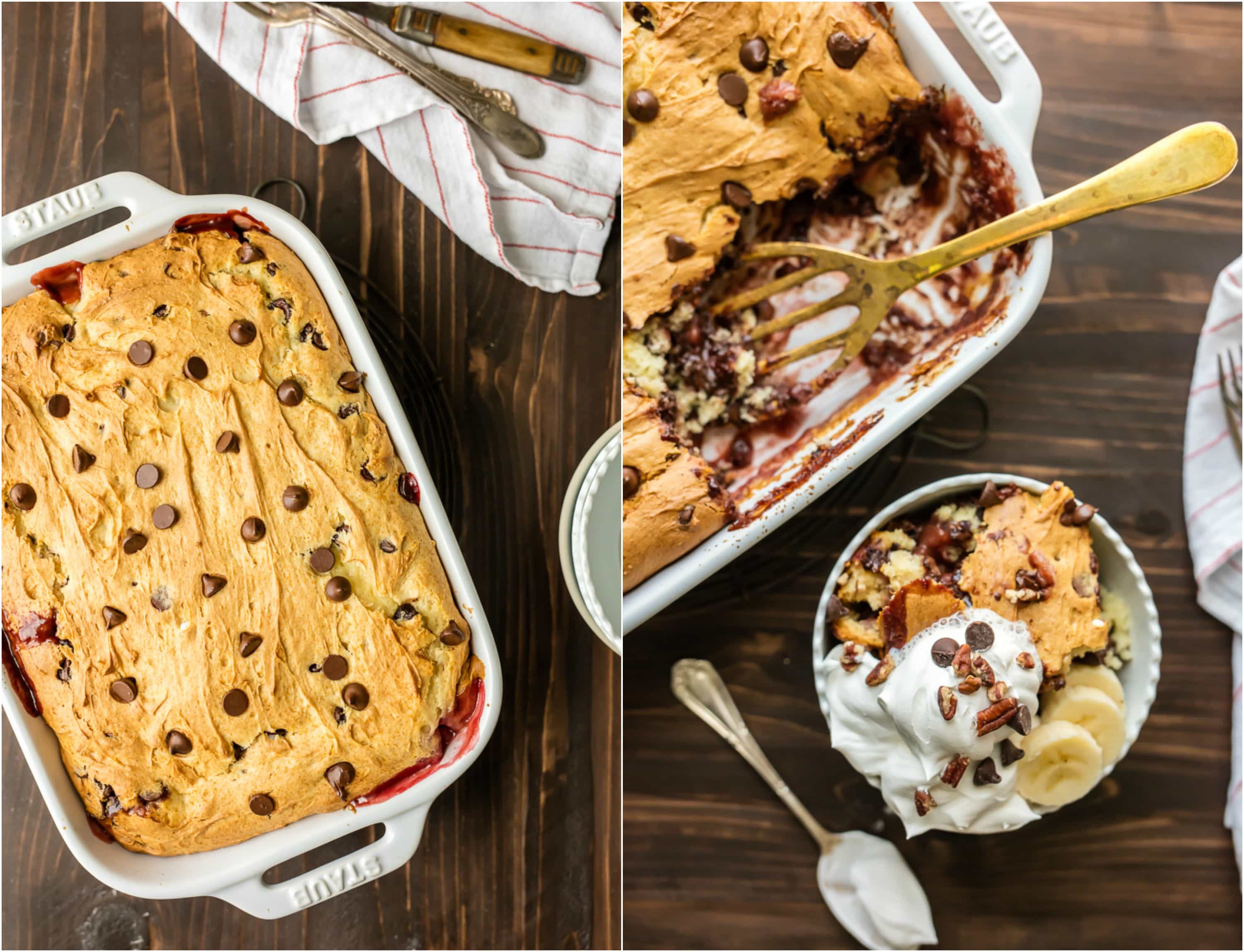 banana split cake topped with chocolate chips