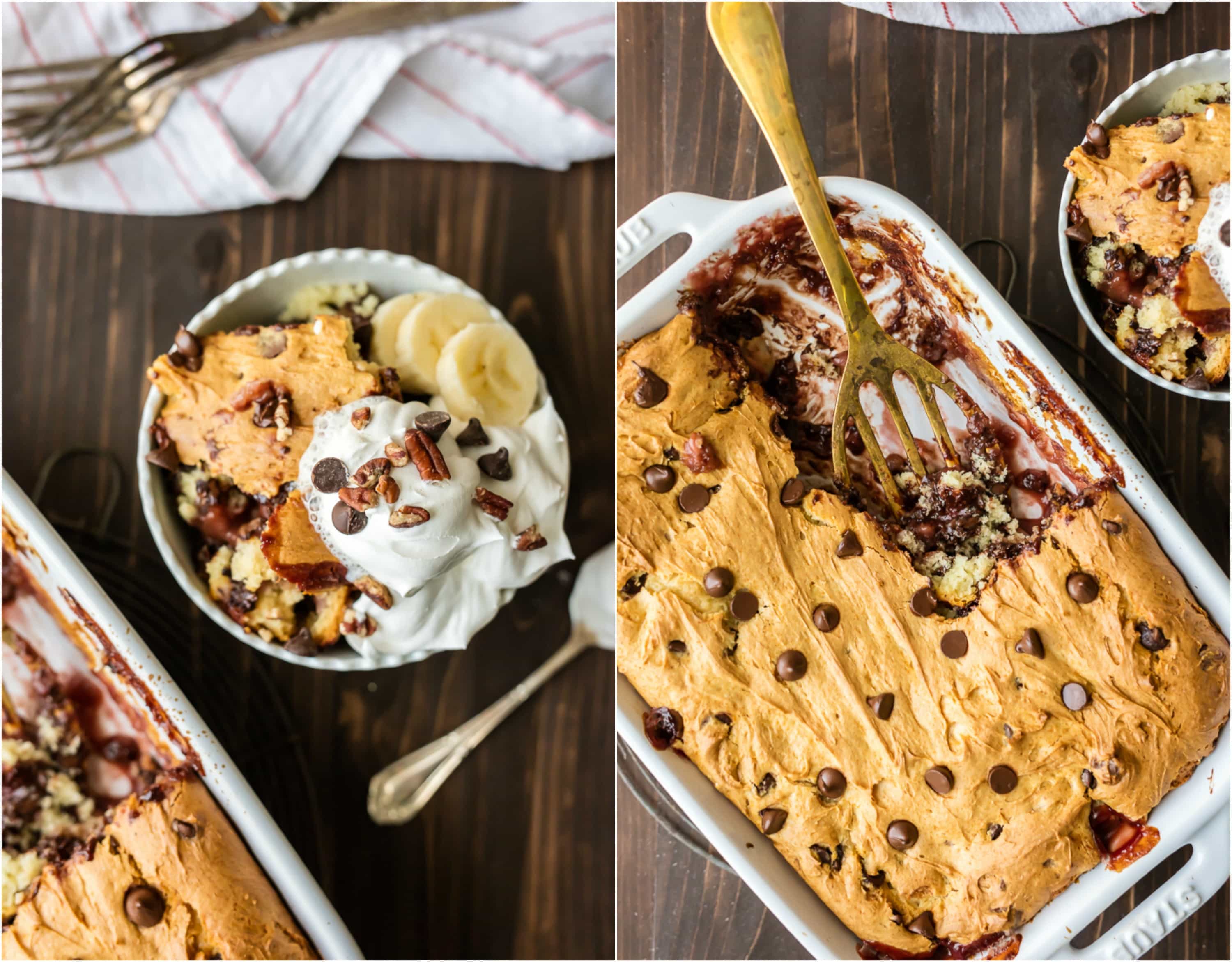 Banana Split Dump Cake is the BEST DESSERT EVER!! This dump cake is thrown together in minutes with just 6 ingredients and is sure to be an instant crowd pleaser!