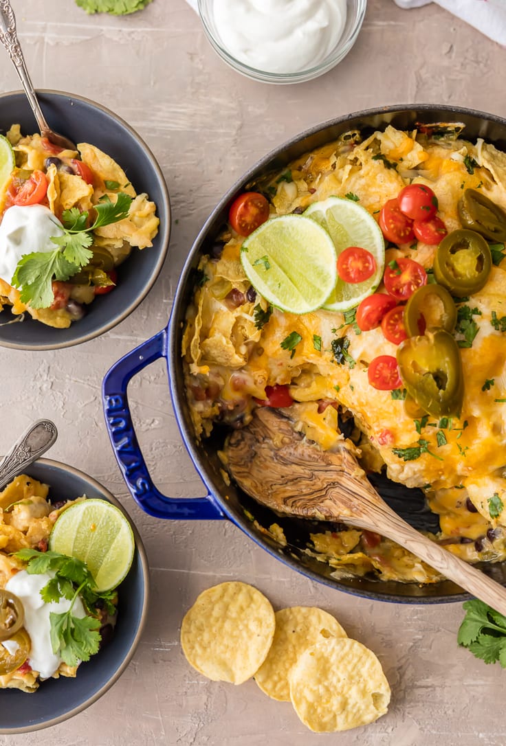 chicken nacho casserole in a casserole dish