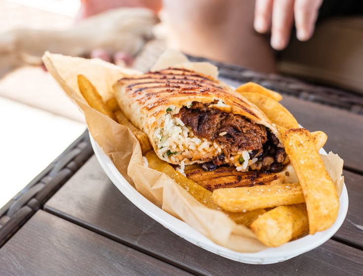 basket of fries with a beef and rice burrito