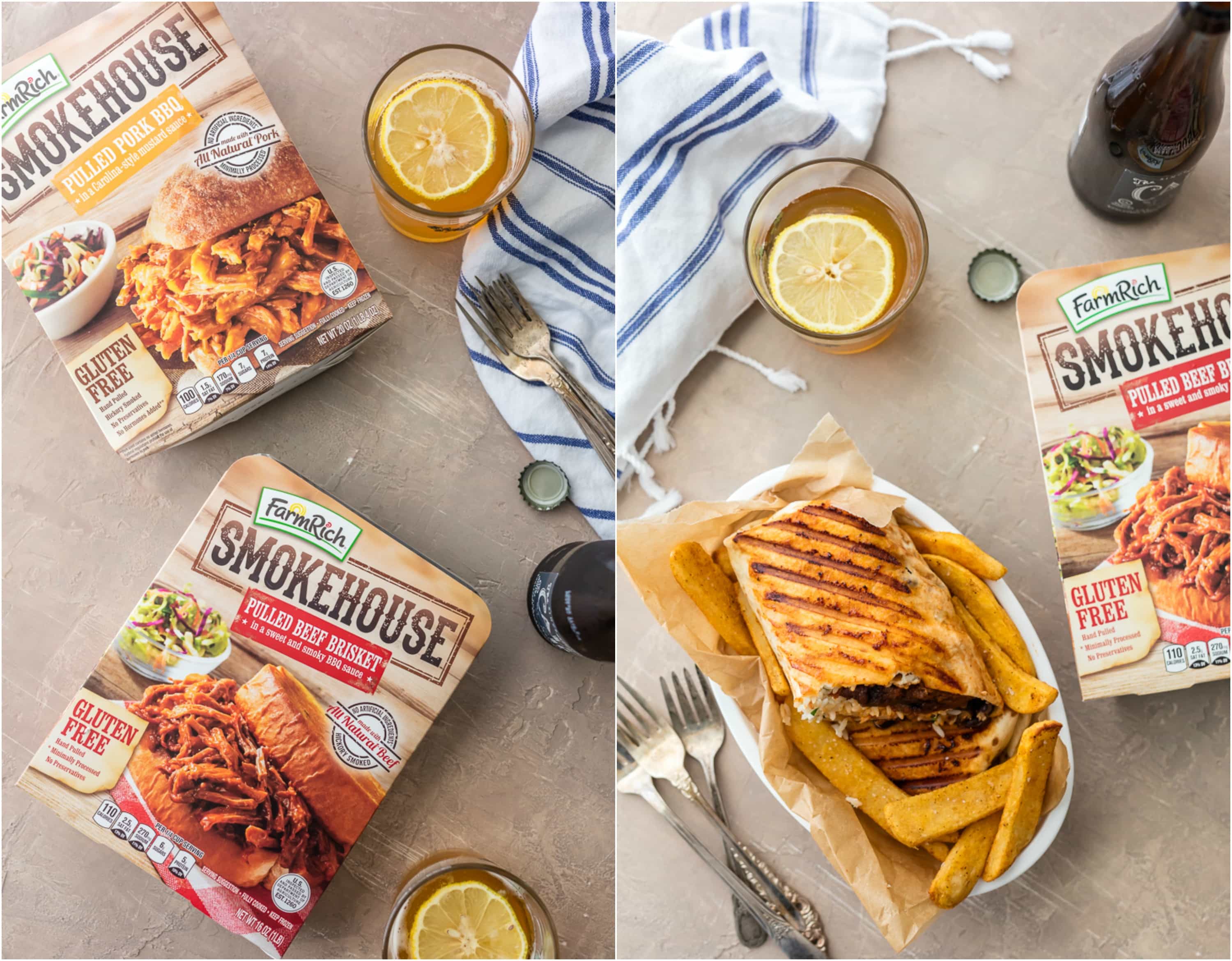 basket with a burrito next to packages of prepared pulled meat