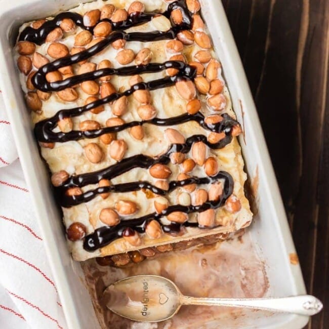 snickers ice cream cake in a dish with spoon