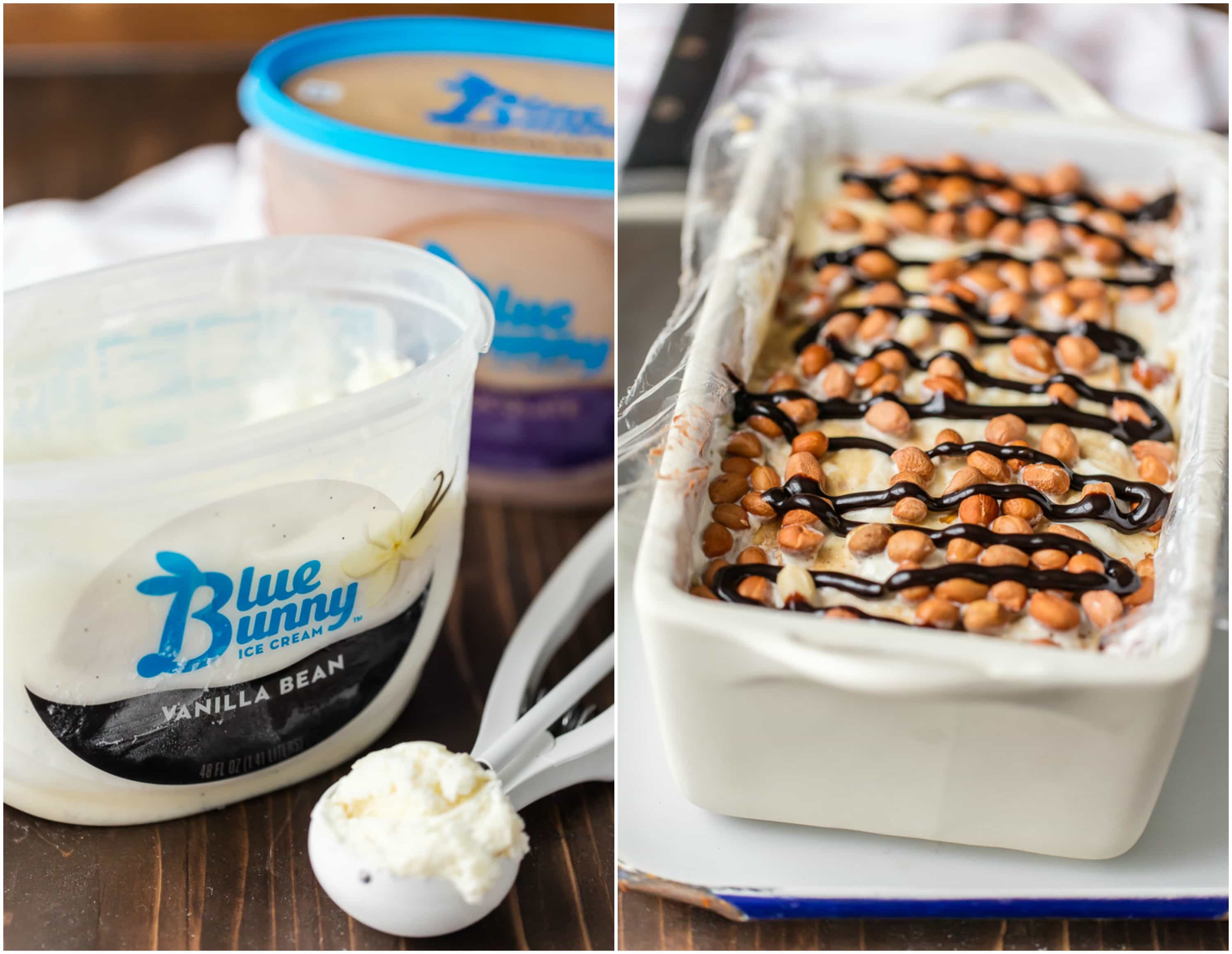 tub of ice cream next to a dish of ice cream cake