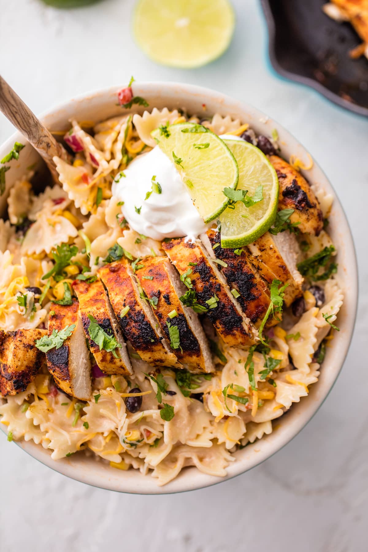 bowl of chicken pasta salad