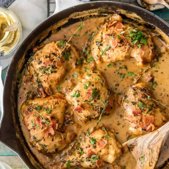 This One Pot Chicken and Bacon Skillet made with white wine and cream is such an easy romantic DELICIOUS meal! Full of flavor and fool-proof! One of our favorite one pot meals!