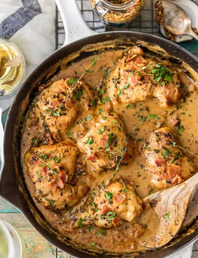 This One Pot Chicken and Bacon Skillet made with white wine and cream is such an easy romantic DELICIOUS meal! Full of flavor and fool-proof! One of our favorite one pot meals!